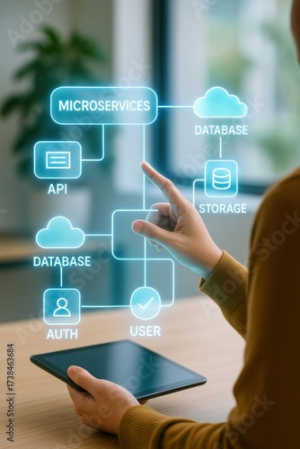 Microservices architecture and api integration for databases tech hub digital interaction modern office user-centric design