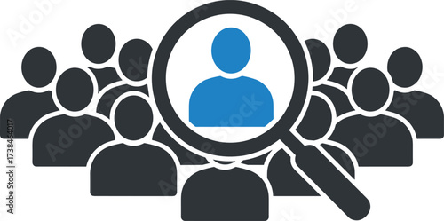 Job recruitment vector icon, magnifying glass highlighting candidate, employee search, hiring process, human resources, staff selection, HR management illustration