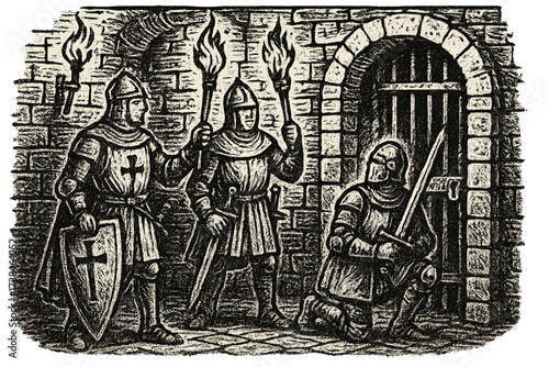 Medieval Knights and Dungeons. Charming medieval artwork with knights, torches, and dungeons in black and white isolated