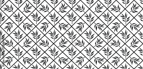 Black and White Bamboo Leaf Pattern on Diamond Grid