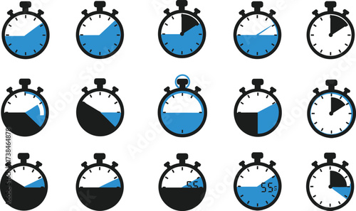 Stopwatch countdown vector icons collection, digital and analog timer illustrations, sport chronometer, time tracking, clock measurement tools, isolated design