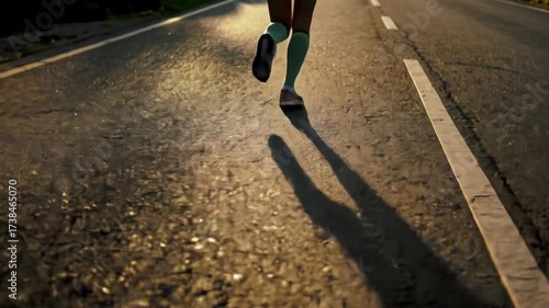 Woman running on a road with sunlight and long shadows at sunset