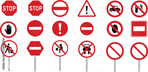 Traffic prohibition signs vector collection, stop caution symbols, road safety regulation icons, red warning boards, danger restriction illustrations, isolated