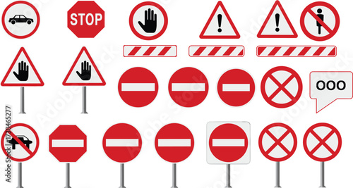 Traffic warning and prohibition signs vector set, stop and caution symbols, road safety regulation icons, red danger boards, isolated