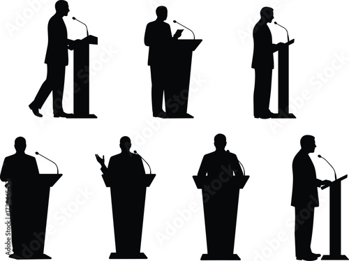 Silhouette vector illustration of business professionals delivering speech at podium with microphone, conference presentation, leadership, debate, communication and public speaking concept.