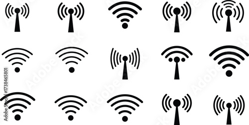 Wireless WiFi signal icons set, internet connection vector, network antenna symbols, hotspot, router, communication, digital technology design, vector illustration.