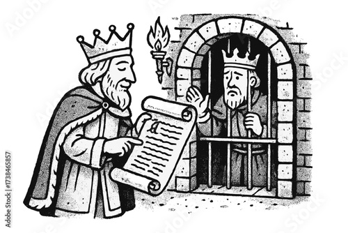 Medieval Tale Illustration. Charming medieval storybook scene with kings, scrolls, and dungeons in black and white isolated