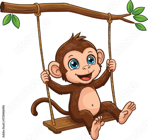 Cartoon cute monkey swinging on wooden swing, playful jungle animal character, happy childhood fun design, cad drawing flat vector illustration