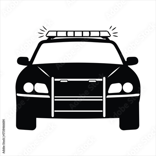Front view of a black police car silhouette with flashing emergency lights and grille
