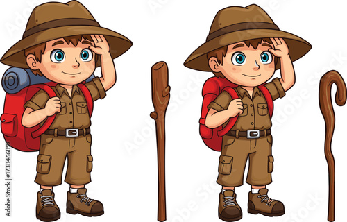 Cartoon explorer boys with backpacks and walking sticks, hiking adventure characters, outdoor travel concept, kids camping design, cad drawing flat vector illustration