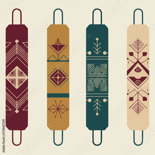 Four decorative vertical banners with geometric patterns in burgundy, gold, teal, and beige, each with a metal loop at the top and bottom.