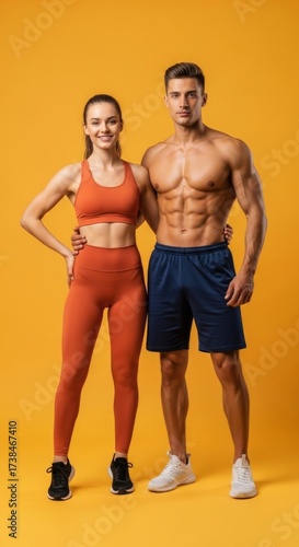 Confident and fit athletic couple in activewear, proudly displaying toned physiques. Represents dedication to a healthy lifestyle, wellness, and shared fitness goals