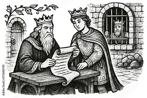 Medieval Tale Illustration. Charming medieval storybook scene with kings, scrolls, and dungeons in black and white isolated