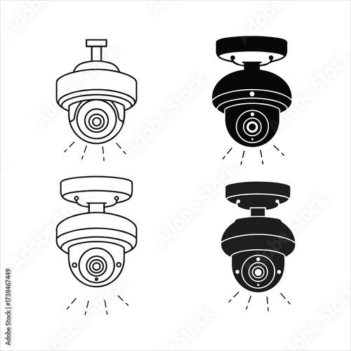 Set of security surveillance cameras both in outline and solid black versions