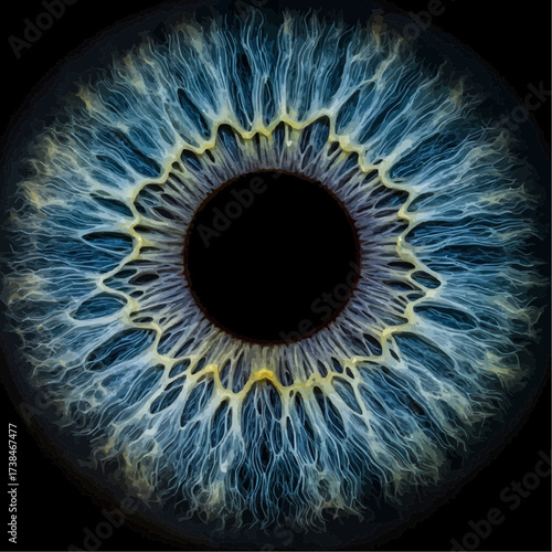 A close-up view of a human eye iris, showcasing intricate patterns and vibrant blue and yellow colors surrounding the dark pupil.