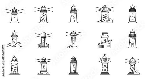 Lighthouse Line Icons Set - Navigation, Sea, Coast, Guidance, and Beacon Symbols