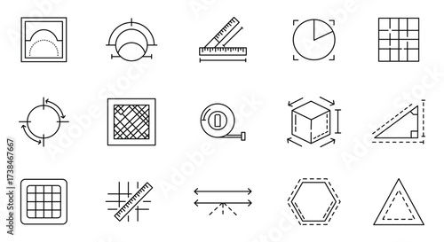 Geometry and Measurement Line Icons Set - Shapes, Math, Dimension, and Engineering Symbols