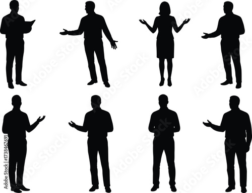 Silhouette vector illustration of business people standing and talking, communication poses, office teamwork, professional discussion, corporate meeting, presentation gestures.