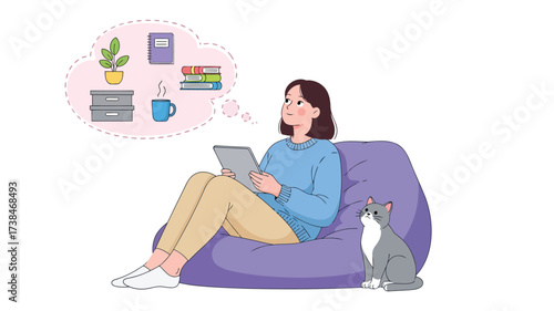 Woman relaxing with tablet and cat thinking about hobbies and tasks