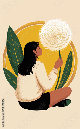 A flat illustration of a girl sitting from behind and holding a huge fluffy dandelion in her hands. Vector graphics. EPS.