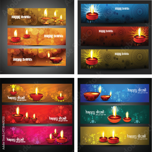 Colorful Diwali Banners with Glowing Diyas Art