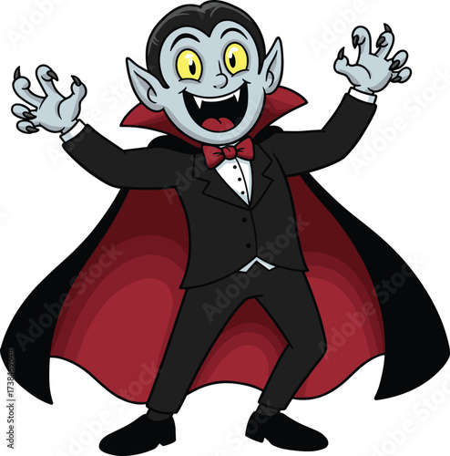 Cartoon vampire character illustration with cape, spooky Dracula monster pose, Halloween horror design, gothic scary figure, cad drawing flat vector illustration