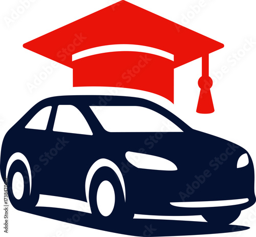Logo for a driving school, representing a stylized car with a graduate hat.