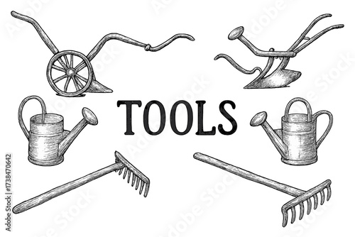 Farm Tools Illustration. Hand-drawn farm tools with plows, rakes, and watering cans, center word “Tools” in black and white