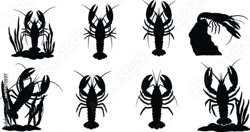 Set of lobster and crayfish silhouettes in various aquatic poses with plants and rocks, marine seafood vector illustration for ocean, fishing, and wildlife art