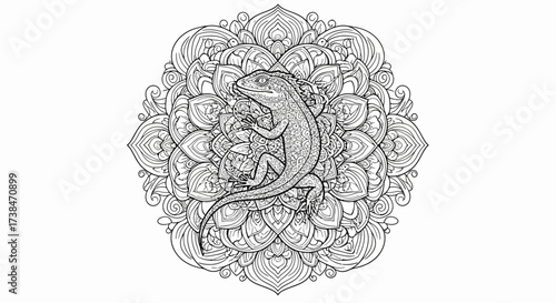 Intricate Line Art Lizard on Mandala Background