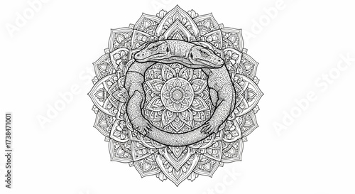 Intricate Line Art Komodo Dragons Ouroboros Mandala Illustration