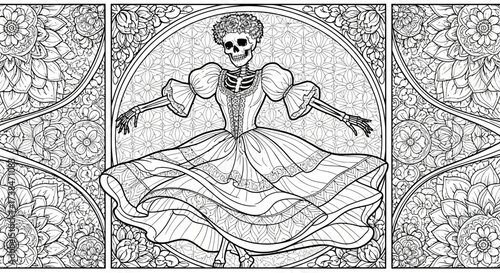 Ornate Calavera Skeleton Dancer Line Art Illustration