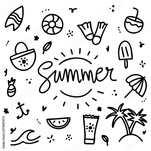 Hand drawn summer doodle icons and lettering, cute vacation line art illustration