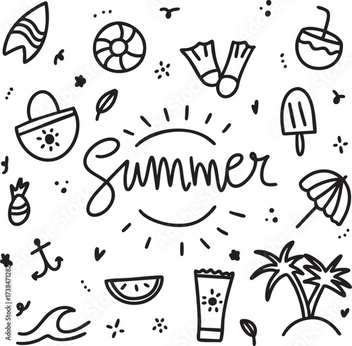 Hand drawn summer doodle icons and lettering, cute vacation line art illustration