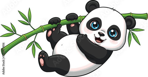 Cute baby panda hanging on bamboo illustration, cartoon animal character with big eyes, children mascot design, cad drawing flat vector illustration