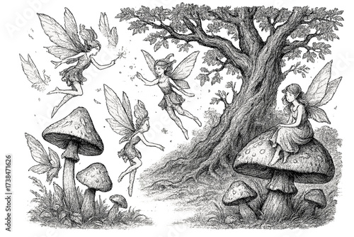 Fairyland in Monochrome. Lively fantasy composition with fairies, mushrooms, and enchanted trees in black and white isolated