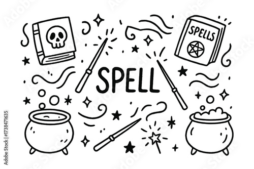 Halloween Spell Doodle. Doodle halloween spells with books, wands, and cauldrons, center word “Spell” in black and white isolated