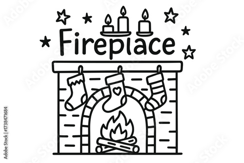 Holiday Fireplace Doodle. Doodle holiday fireplace with stockings, candles, and stars, center word “Fireplace” in black and white