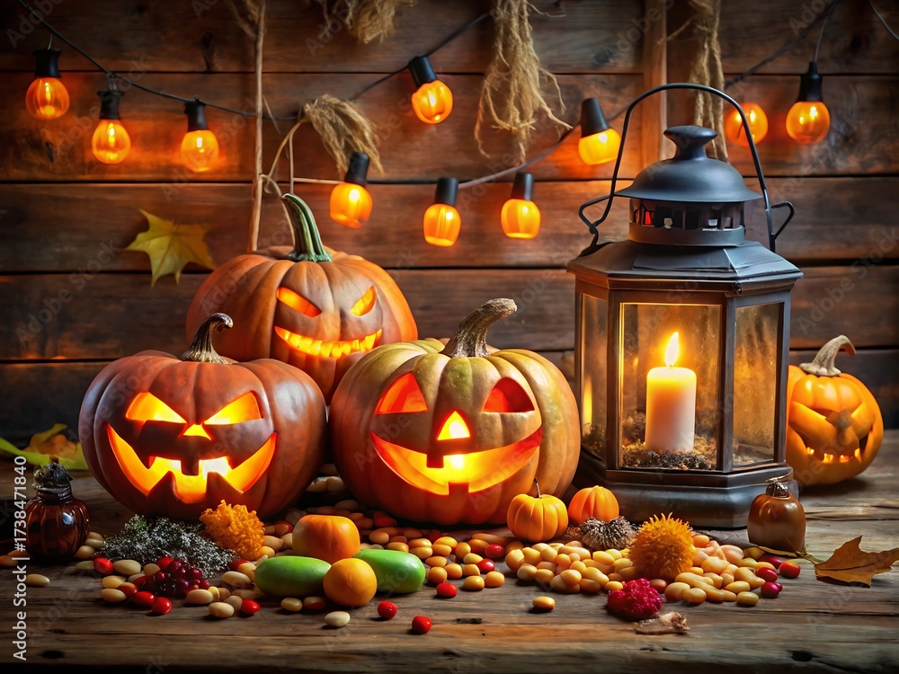 Obraz premium Spooky halloween scene with glowing jackolanterns and lantern on a wooden table, creating festive atmosphere