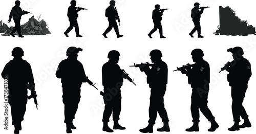 Silhouette illustration of armed soldiers patrolling battlefield ruins with rifles, army troops walking, standing guard, military combat vector design