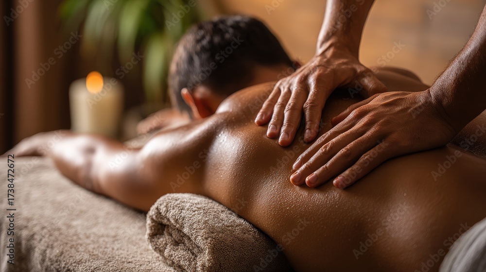 Naklejka premium Soothing and therapeutic massage session is in progress, depicting a person receiving back massage on a soft massage table in a serene and relaxed spa environment, with warm lighting and a lit candle