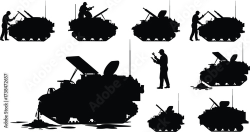 Silhouette illustration of military armored vehicles with soldiers repairing and maintaining, combat tanks in battlefield service operation, army war machine vector design