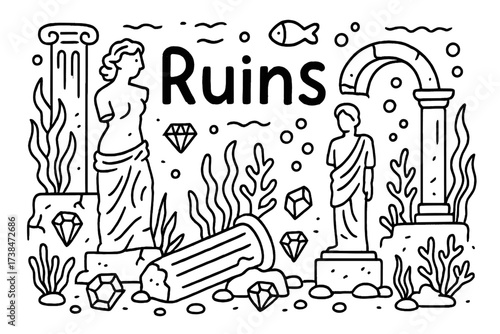 Underwater Ruins Doodle. Doodle underwater ruins with statues, gems, and sea plants, center word “Ruins” in black and white