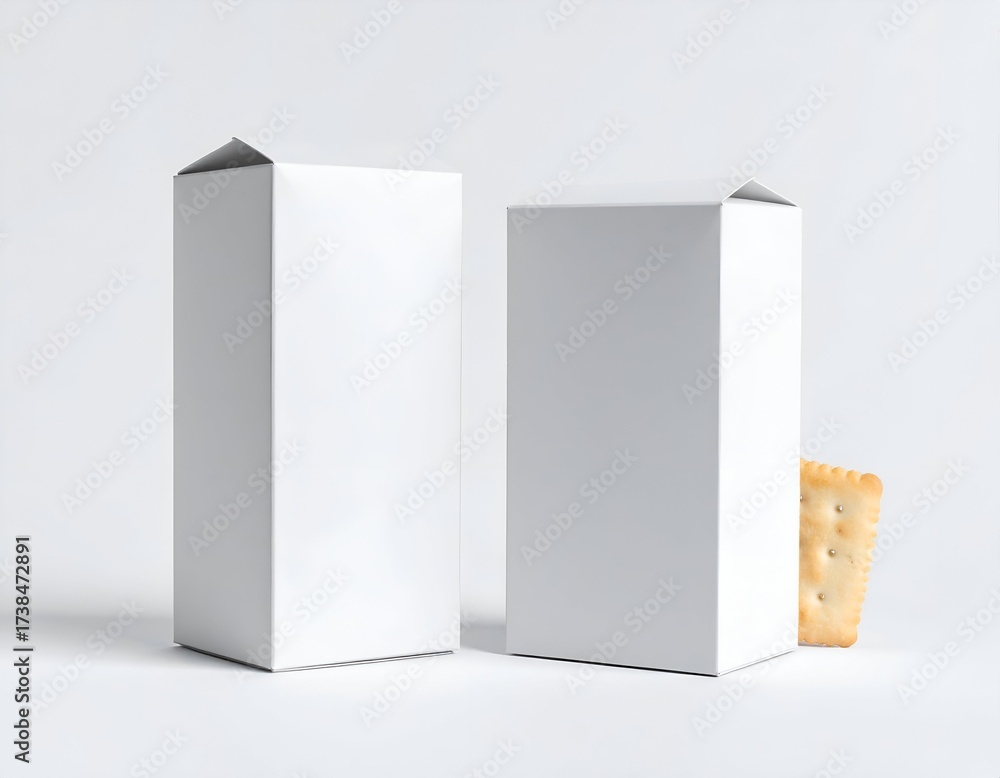 Naklejka premium Two white, closed rectangular cartons stand with a single square cracker on a light backdrop