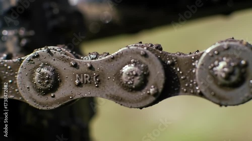 Close-up of a dirty bicycle chain with grease and possible wear