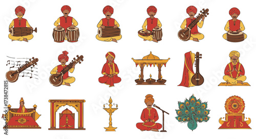 Vector icons set Indian man playing traditional tabla drum isolated