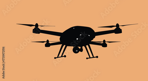 Silhouette of a modern drone with four propellers and a camera.