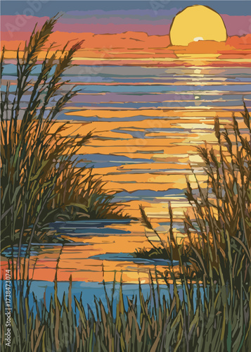 Golden sunset reflecting on quiet lake