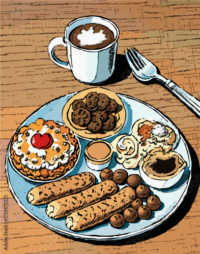 Traditional breakfast served on wooden table