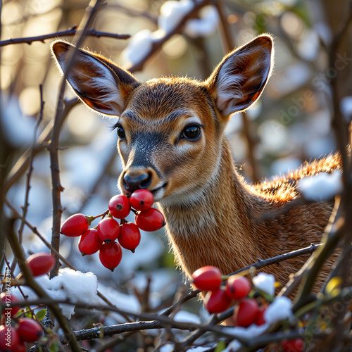 Young deer eating red berries among snowy branches  